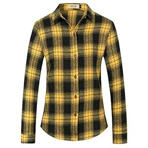 SSLR Flannel Shirts for Women Plaid Shirts Long Sleeve Button Down Shirts Casual (3X-Large, Yellow)