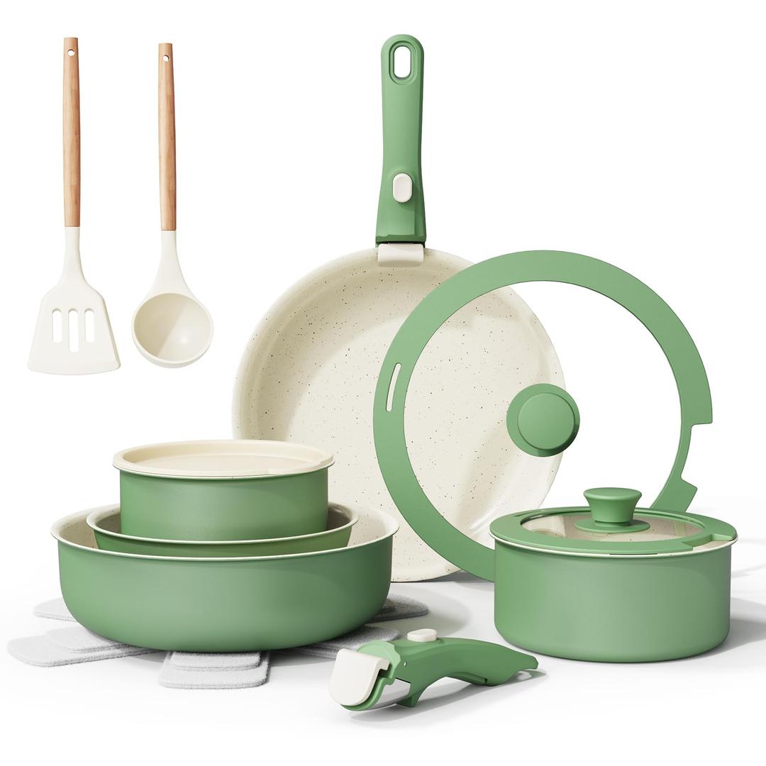 Bazova Ceramic Nonstick Cookware Set, Healthy,Non Toxic,17-Pieces Pots and Pans Set Removable Handles,Induction RV Kitchen Set,Stain & Scratch-resistant,Dishwasher/Oven Safe,PFAS/PFOA Free,Cream White (Green)