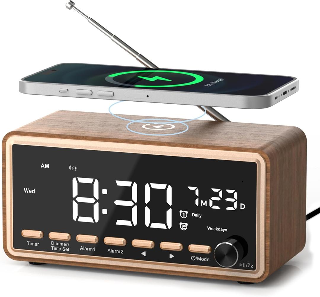Digital Alarm Clocks Radio for Bedrooms,FM Radio & White Noise Sound Machine with Timer,Bluetooth Speaker,Dual Alarm Clock with Wireless Charging,Dimmable Big LED Display,Holiday Gifts for Men Women