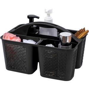 UUJOLY Plastic Portable Shower Caddy Basket Bucket, Cleaning Shower Basket with Handle Compartments Storage Basket Organizer for Bathroom Kitchen College Dorm Sink, Black