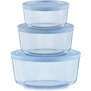 Pyrex Colors Tinted (6-PC Medium) Small/Medium Round Food Storage Container Set, Snug Fit Non-Toxic Plastic BPA-Free Lids, Freezer Dishwasher Microwave Safe, 2 Cup, 4 Cup & 7 Cup (Blue)