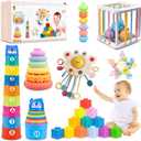 6 in1 Montessori Baby Toys 6-12 MonthsMontessori Toy for Babies 6-12 MonthsIncl 12pc Building Blocks &Silicone Pull String & Sensory Cube & Manhattan Ball& 2 Stacking Toys. Baby Development Toys