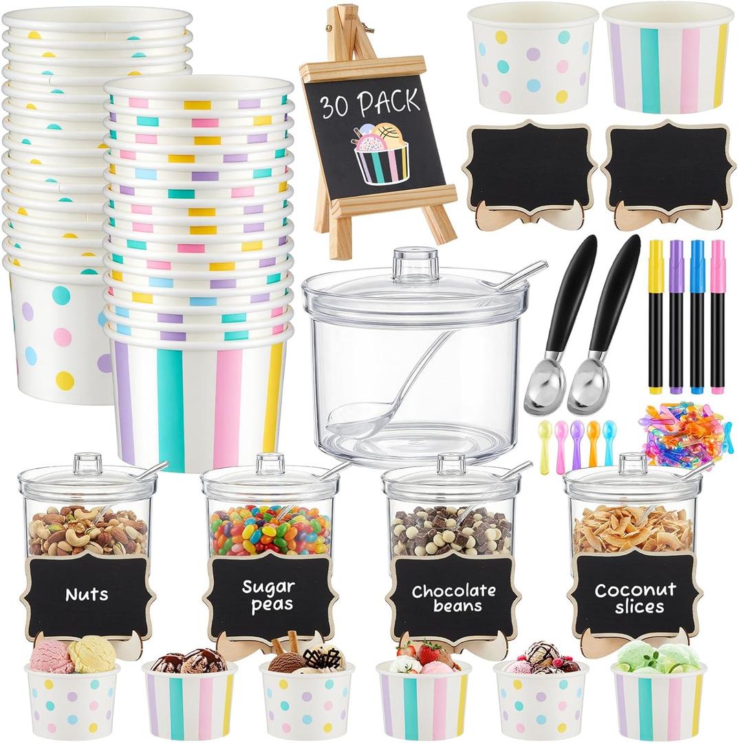 77 Pcs Ice Cream Party Supplies Kit – Ice Cream Bar Decorations Set with Cups, Scoops, Sugar Bowls with Lid and Spoon, Tasting Spoons, Chalkboard & Markers — Ideal for Birthday, Summer Party