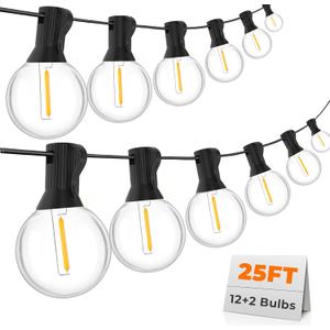 25FT G40 LED String Lights with 12 Plastic Edison Bulbs(2 Spare), Outdoor/Indoor Waterproof Lights for Patio, Garden, Wedding, Party, Festival Decoration