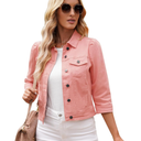 Vetinee Womens Jean Jacket Cropped Denim Jackets Stretchy 3/4 Puff Sleeve Distressed Shacket with Pockets, Size XL
