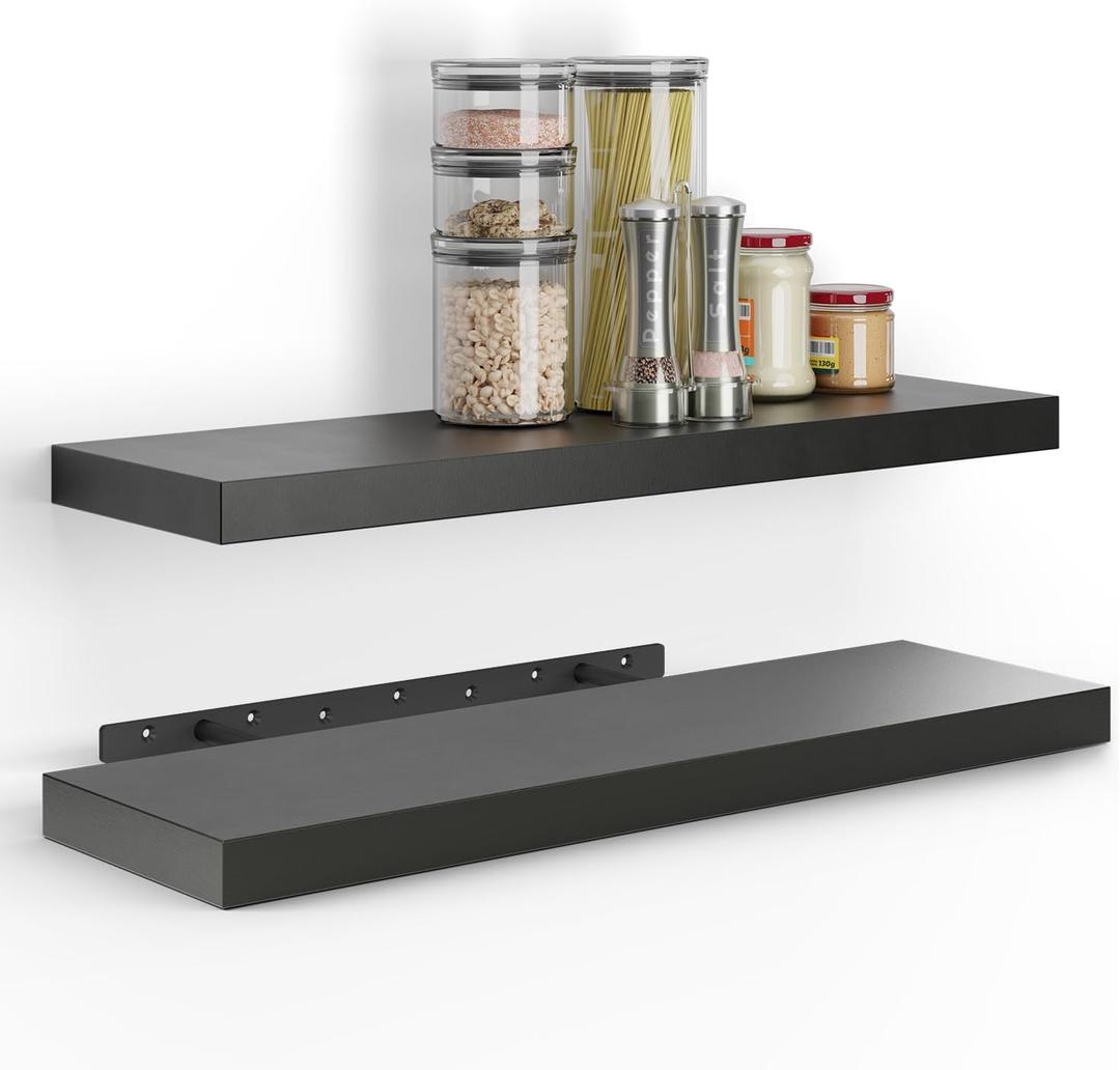 BATODA Set of 2 24" Acacia Floating Shelves Wall Mounted for Bathroom  Rustic Farmhouse Wooden Wall Storage Shelf Bedroom, Kitchen, Home Dcor - Brackets and Shelving Mounting (Black, 24 Inch)