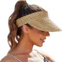 Straw Sun Visors & Hats for Women - Packable Beach Hats, Handmade, Sun Protection (One Size, Khaki)