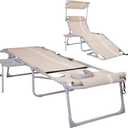 #WEJO 4-in-1 Tanning Chair with Face Hole and Side Table - 5-Position Face Down Folding Chaise Lounge with Canopy Shade & Cup Holder - Portable Heavy Duty Tanning Bed for Beach, Pool, Patio (Khaki)