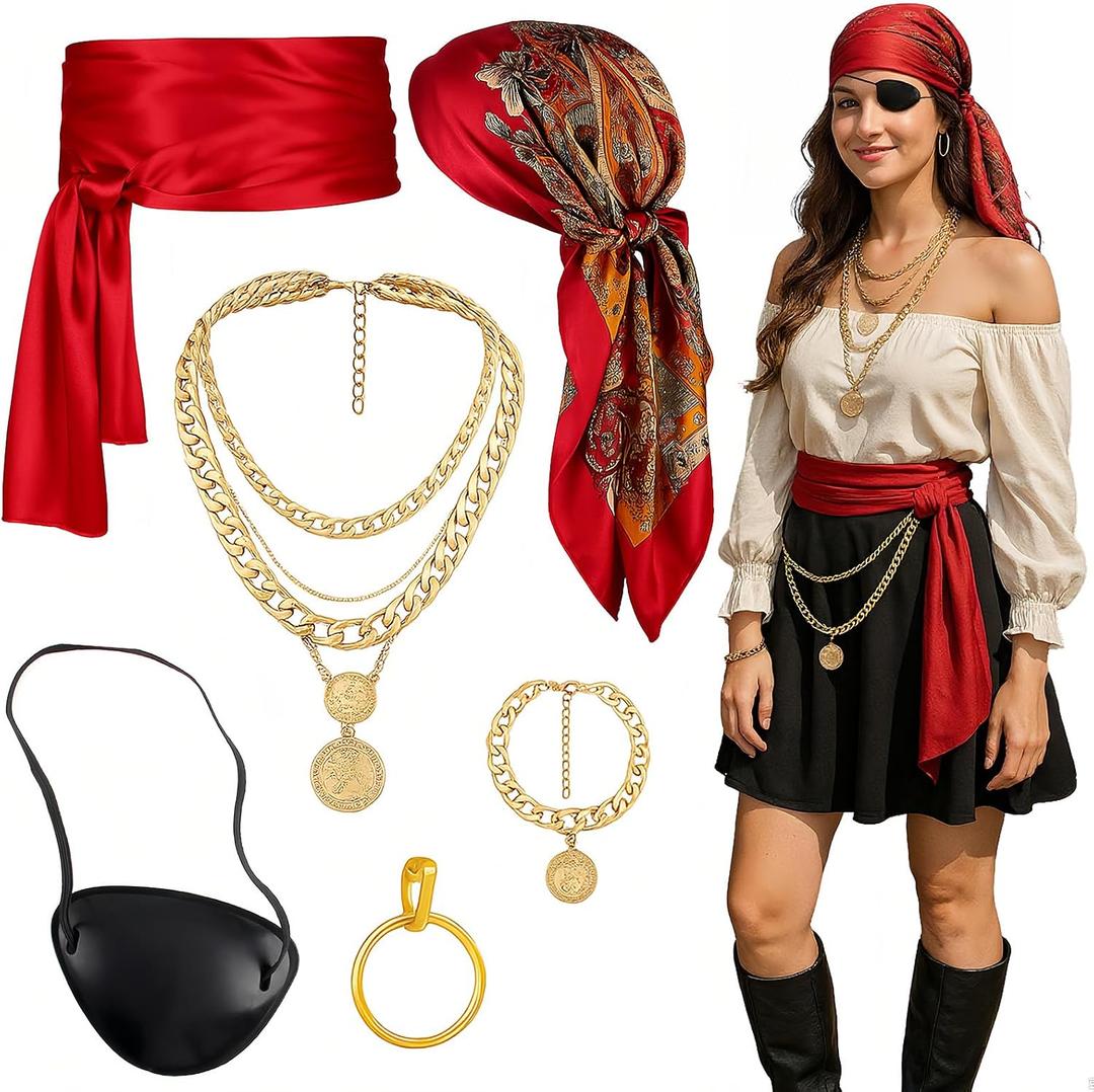 Yaliuliu Pirate Costume Accessories Set for Women &Men Head Scarf, Satin Sash, Belt & Accessories for Halloween, Cosplay, Party Dress Up Red