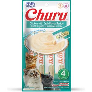 INABA Churu Cat Treats, Grain-Free, Lickable, Squeezable Creamy Pure Cat Treat/Topper with Vitamin E & Taurine, 0.5 Ounces Each Tube, 4 Tubes, Chicken with Crab Recipe (EXP 11/06/26)