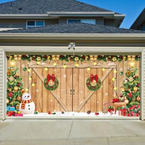 Upgraded Magnetic Christmas Garage Door Covers 7x16ft, Garage Door Christmas Cover with 59Ft Rope, Banner for Garage Door Decorations (Magnets*6 Included) (Light Wood Door)