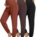 3 Pack Women's Maternity Pants Maternity Jogger Sweatpants Over The Belly Stretchy Pregnancy Pants with Pockets (Large, Pumpkin, Dark Brown, Black)