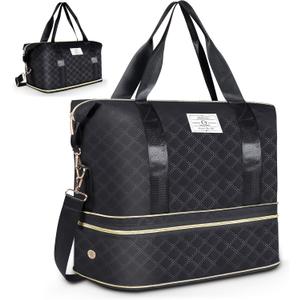 Geestock Weekender Bag with Shoe Compartment for Women, Expandable Overnight Duffle Bag, Carry On Personal Item Bag for Travel, Gym, Hospital, Included Storage Pouch & Adjustable Straps, Black