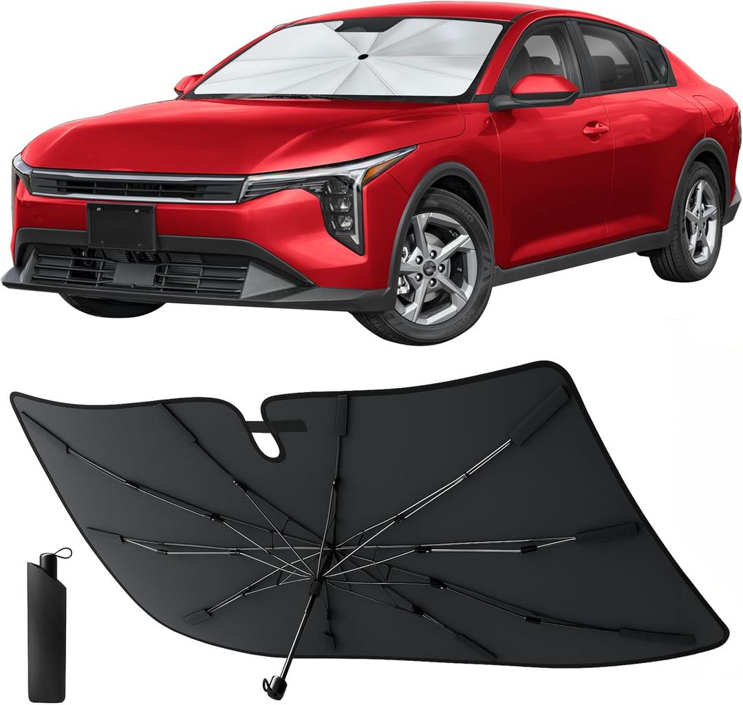 Econour Windshield Sun Shade Umbrella for Car | Medium Foldable Car Sunshade | UV & Heat Protection Front Window Sun Shield, Keeps Interior Cool, Fits Sedans SUVs & Trucks (57 x 33)
