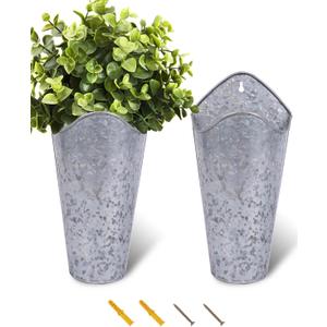 Vensovo 12 Inches Galvanized Wall Planters - 2 Packs Metal Tin Vases for Flowers Indoors, Farmhouse Hanging Planter Tall Flower Holder for Country Decor Outdoors, Silver