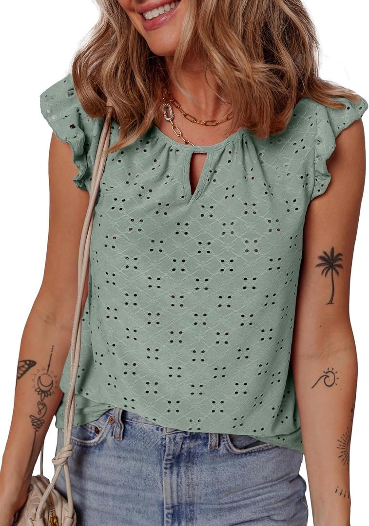 EVALESS Womens Summer Sleeveless Tank Tops Crewneck Ruffle Sleeve Eyelet Shirts Blouses (Small, Smoke Green)