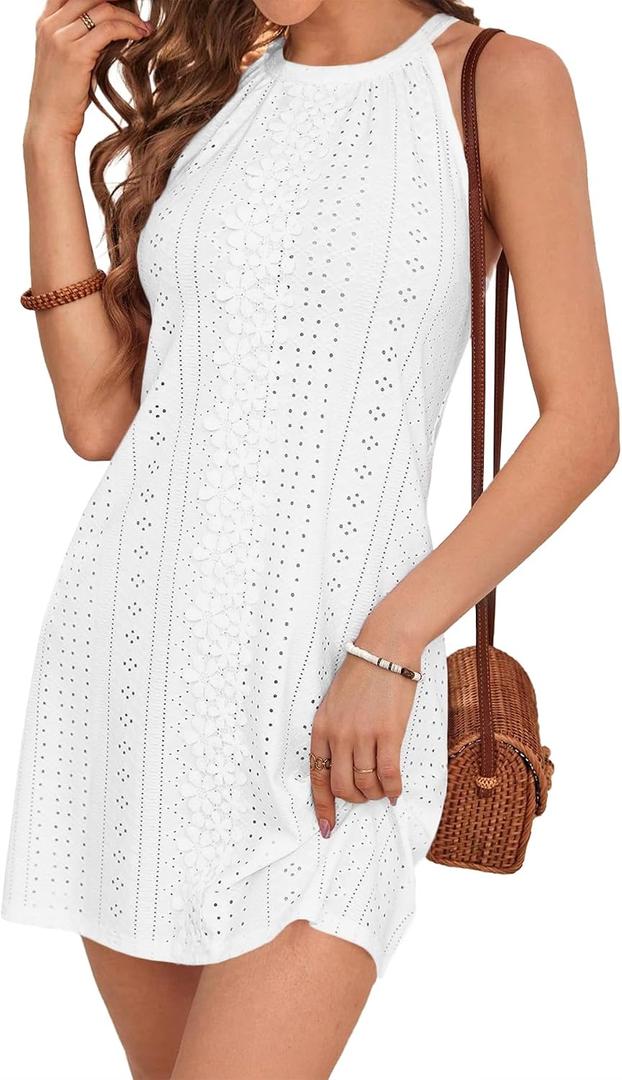 MITILLY Womens Halter Summer Eyelet Mini Dress Casual Sleeveless Floral Lace Lined Sundresses for Beach Vacation Holiday (White, L)