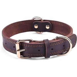 Leather Dog Collar, Heavy Duty Wide Dog Collar for Small,Medium,Large and Extra Large Dogs (M: 1" Wide for 15.2"-19.2" Neck, Dual Stitch - Brown)