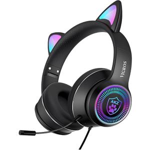 Cat Ear Gaming Headset with Mic RGB LED Light, VIGROS Flashing Glowing Stereo Headphones, 7.1 Stereo Sound Surround Over-Ear Headset for PC, Xbox One, PS4, PS5, Nintendo Switch, Moilbe (Black)  