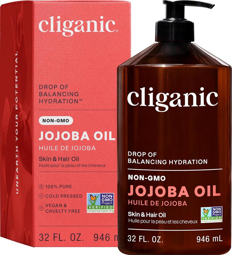 Cliganic Jojoba Oil Non-GMO, Bulk | 100% Pure for Skin, Hair & Face, Cold Pressed Natural Hexane Free - Hair Relaxer (32 oz)