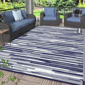 GENIMO Outdoor Rug for Patio Clearance, 6'x9' Waterproof Camping Mat, Reversible Plastic Straw Rugs for RV, Camper, Balcony, Backyard, Picnic, Deck (Blue White)
