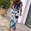 CHICME Summer Dresses for Women Floral Print Plunge V Neck Midi Dress Casual Ruched Slit Bodycon Party Dress (XL)