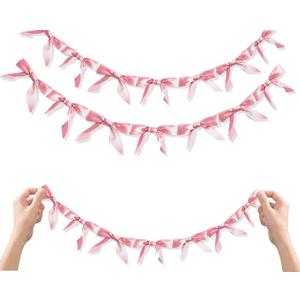 JeVenis 2Pcs Pink Garland Pink Bow Ribbon Banner Coquette Bachelorette Party Coquette Birthday Party Decoration Mothers Day Present