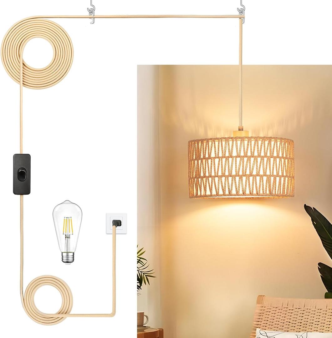 Plug in Pendant Light Rattan Hanging Lamp, Boho Hanging Lights with Paper Woven & Fabric 2 in 1 Shade, 3-Way Dimmable Bulb Included, Ceiling Light Fixture for Living Room, Bedroom, Farmhouse