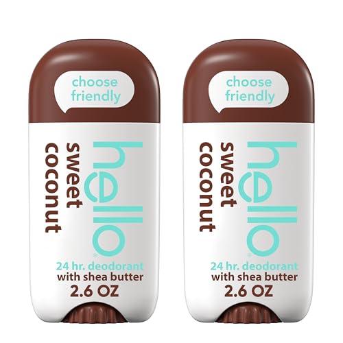 hello Sweet Coconut Aluminum Free Deodorant for Women and Men with Shea Butter, 24-Hour Freshness, Baking Soda Free Deodorant, Dermatologically Tested, 2.6 oz Stick (2 Pack)
