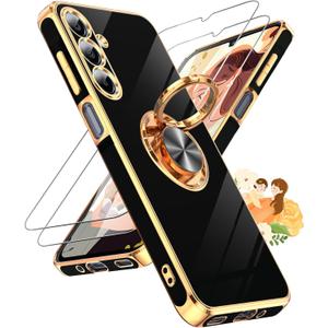 LeYi for Galaxy A16-5G Phone Case: 2 Pack Tempered Glass Screen Protector and 360 Rotatable Ring Holder Magnetic Kickstand, Plating Rose Gold Edge para Samsung A 16 5G, Black