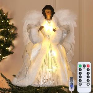 12.5" Black Angel Christmas Tree Topper with Lights, Lighted Angel Tree Topper with White Feather Wings and Star Light, Remote Control, Timer & USB Powered for Holiday Party Decor (Winter Silver)
