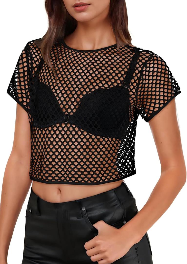 Womens Sheer Mesh Top Fishnet T Shirts Short Sleeve See Through Casual Crop Tops, (Small)