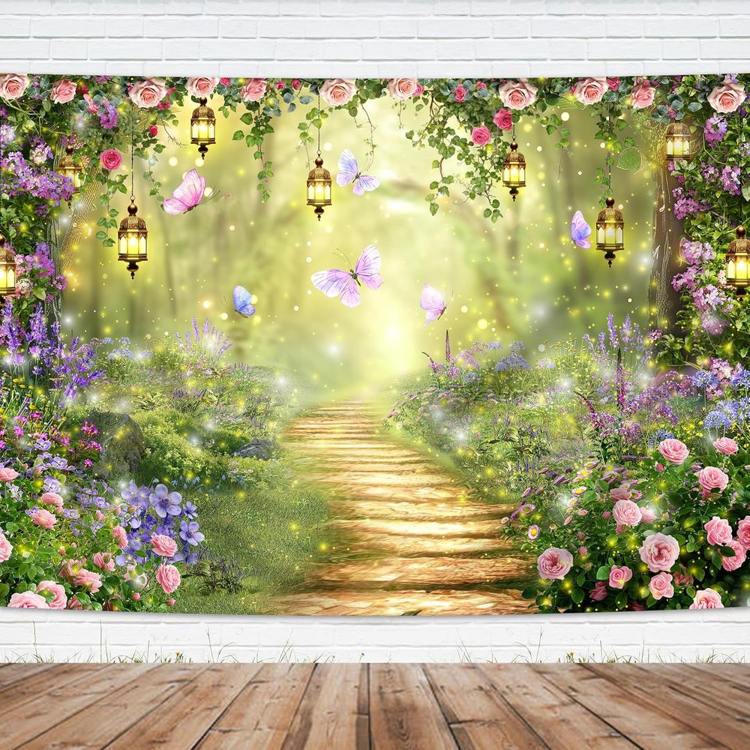 Imirell Fairy Wonderland Tale Backdrop 7Wx5H Feet Greenery Enchanted Woodland Garden Polyester Fabric Pink Purple Flower Floral Butterfly Photography Backgrounds Photo Shoot Decor Props Decoration
