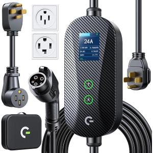 Grasside Carbon Fiber Level 2 EV Charger, 24A Adjustable Current/Timer/Smart Display, NEMA 1430 Dryer Outlet & 1450 Plug, 21FT EV Charging Cable, J1772 Connector for SEA J1772 EVs/PHEVs