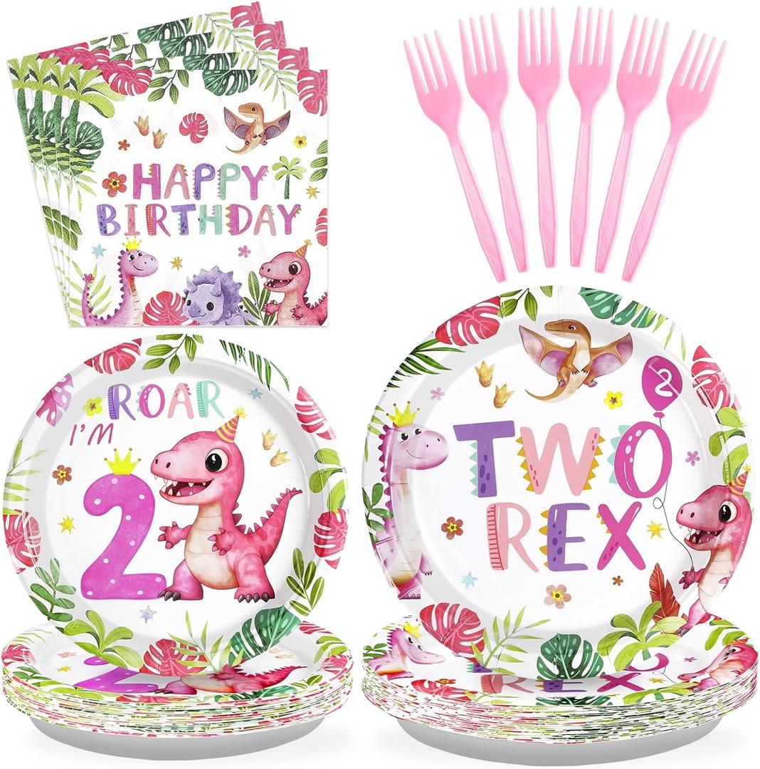 Grencian 96 Pcs Pink Dinosaur Birthday Decorations for 2nd Girls Two Rex Girl Dino Theme Party Supplies Disposable 2nd Dinosaur Party Tableware Set for Two Year Old Girls Birthday Decor Serves 24