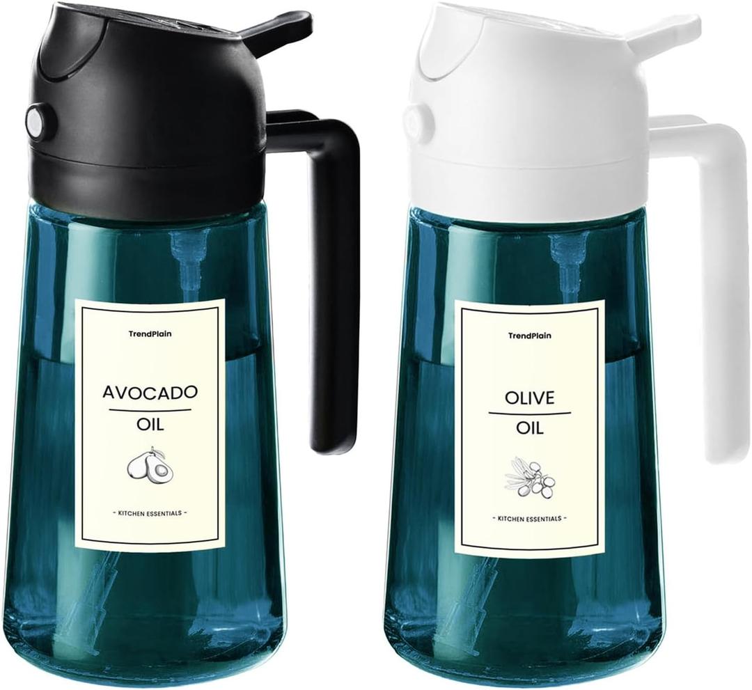 TrendPlain 16oz/470ml Blue Glass Olive Oil Sprayer for Cooking - 2 in 1 Olive Oil Dispenser for Kitchen Gadgets, Air Fryer, Salad, and BBQ - Black & White