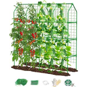 65" Cucumber Trellis for Climbing Plants Outdoor, Metal Garden Trellis for Raised Bed, Plant Support Structures with Netting for Cucumbers Tomatoes Beans Peas (67 * 17 * 65inch(L*W*H), Trellis)