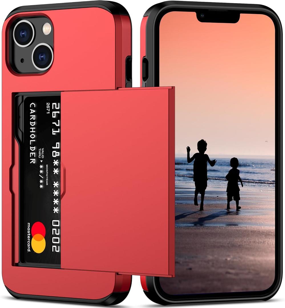 Nvollnoe for iPhone 14 Case with Card Holder Heavy Duty Protective Dual Layer Shockproof Hidden Card Slot Slim Wallet Case for iPhone 14 for Women&Men(Red) (Red-Regular Storage)
