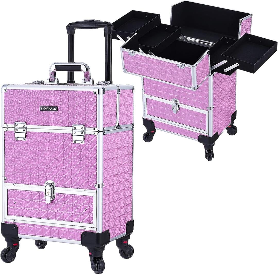 TOPACK Rolling Makeup Train Case,Professional Cosmetology Case on Wheels,Large Cosmetic Organizer Trolley Case,Makeup Travel Case with Draws,Nail Artist Hairstylist Storage Traveling Cart Trunk,Pink, Medium