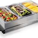 Nutrichef Professional Stainless Steel Buffet Warmer Server with 3 Trays | Portable Hot Plate Food Warmer Station for Parties & Events | Easy to Clean | 3 See-through lids | Max Temperature 175F