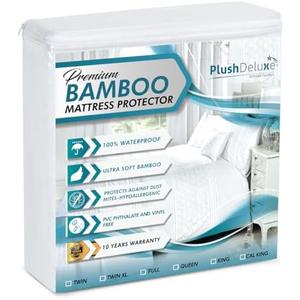 PlushDeluxe Premium Bamboo Mattress Protector – Queen Size, Waterproof, & Ultra Soft Breathable Noiseless Washable Bed Mattress Cover for Comfort & Protection - White