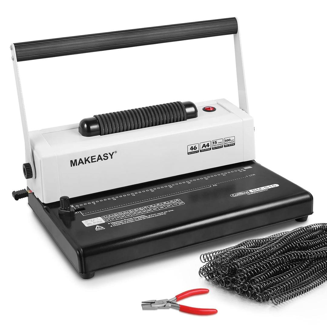 MAKEASY Coil Spiral Binding Machine 4:1 pitch - Manual Hole Punch - Electric Coil Inserter - Adjustable Side Margin - for Letter Size/A4/A5, Comes with 1 Box 5/16'' Plastic Coil Binding Spines & Plier