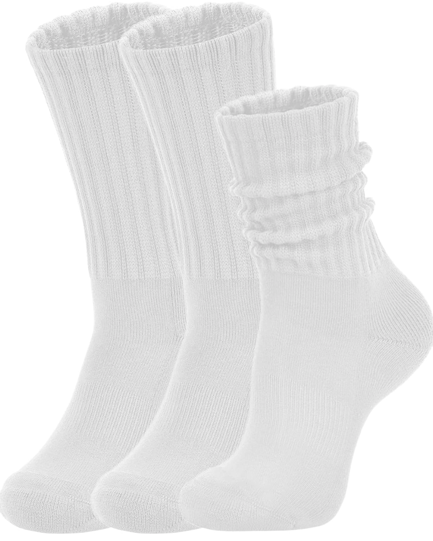 Women's Slouch Crew Socks Retro Solid Scrunch Boot Chunky Ribbed Cozy Cotton Calf Socks 3 Pack Size 5-11, 3 Pack White