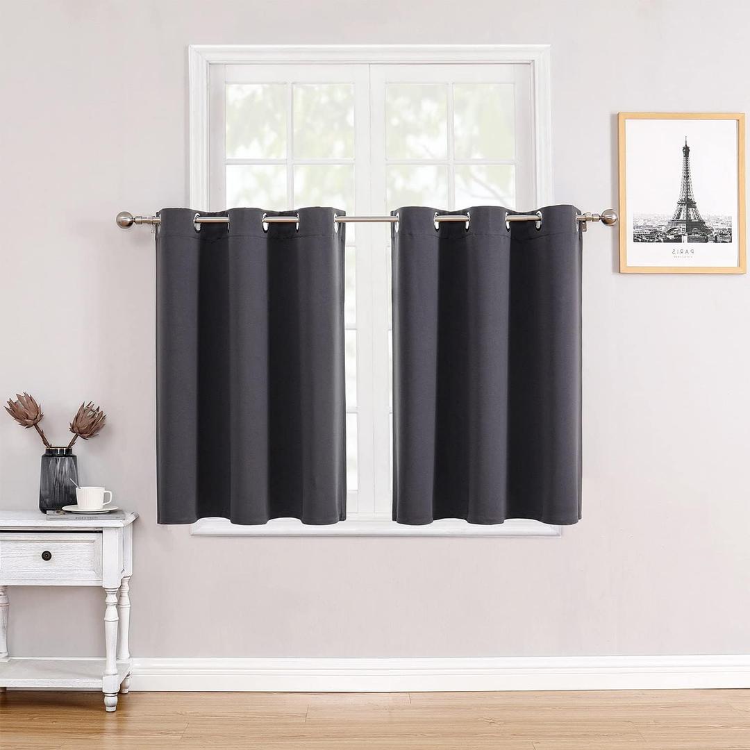 ChrisDowa Small Window Curtains for Kitchen and Bedroom - Grommet Short Thermal Insulated Room Darkening Curtains (2 Panels, Dark Grey, 42 x 36 Inch) (42"W x 36"L (Pack of 2))