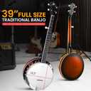 Pyle Banjo Kit with Remo Head and Sapele Resonator, 39" Full Size Traditional Open or Closed Back 5 String Instrument with 24 Brackets, Geared 5th Tuner, Premium Accessory Kit (Sun Burst)