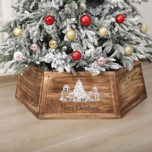 40" Wood Christmas Tree Collar, XL Hexagon Xmas Bottom Cover, Rustic Vintage Skirt for 7.5-11 ft Christmas Tree, Wooden Xmas Oversized Holiday Decor for Home Festive Party (Brown, Cute)