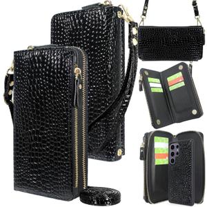 Harryshell Compatible with Samsung Galaxy S25 Ultra Case Wallet Detachable Phone Cover Dual Zipper [11 Card Slots] with [ RFID Blocking ] Crossbody Wrist Strap (Crocodile Black)
