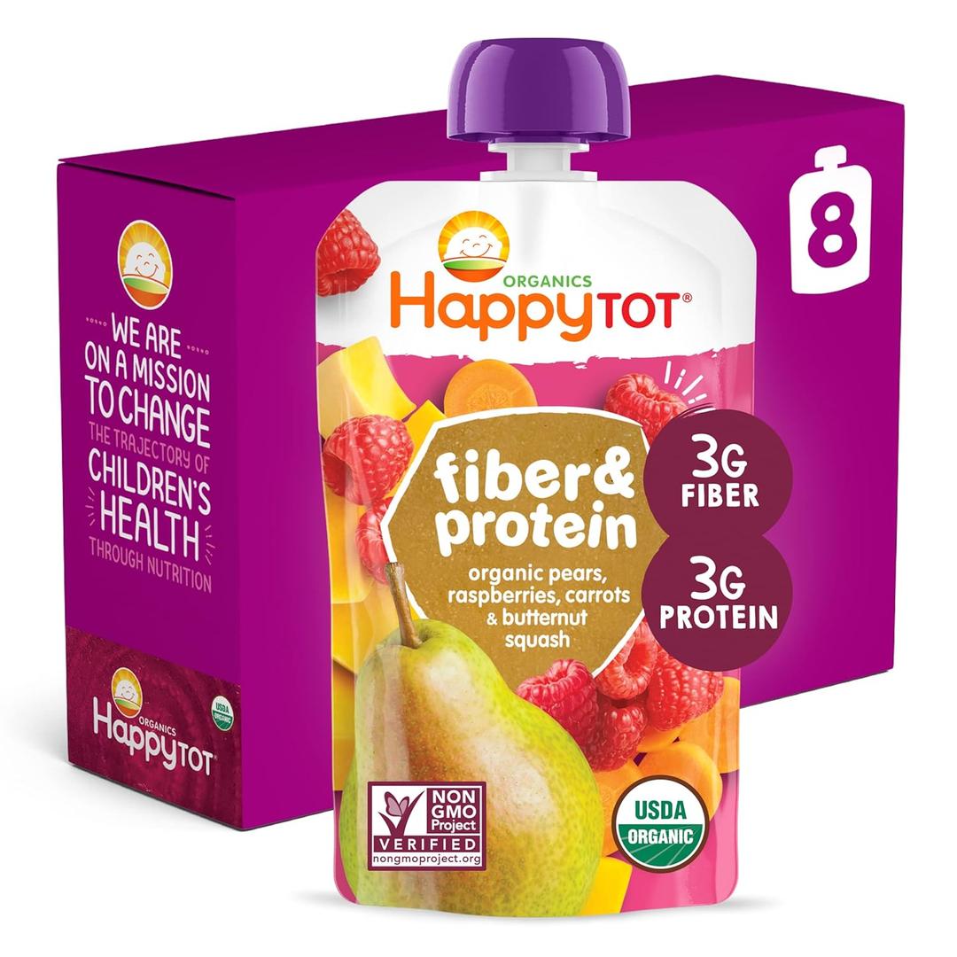 2 x Happy Tot Organics Stage 4 Baby Food Pouches, Gluten Free, Vegan Snack, Fiber & Protein Fruit & Veggie Puree, Pears, Raspberries, Butternut Squash & Carrots, 4 Ounce (Pack of 8), Jan 26/2027
