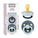 BIBS Colour Studio Pacifier 2-Pack, BPA Free, Round Nipple. Natural Rubber Latex, Made in Denmark, Size 2 (6-18 Months) - Baby Blue/Petrol