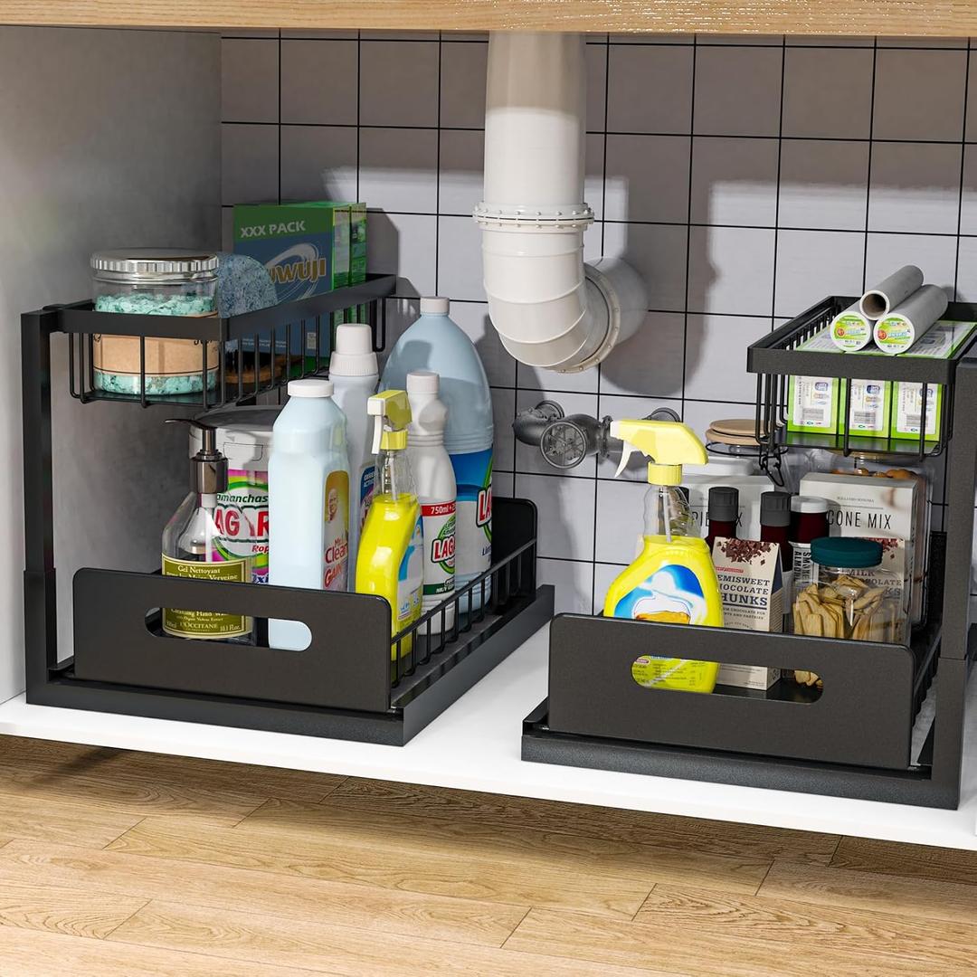 Bukfen Under Sink Organizer, Pull Out Cabinet Organizer 2-Tier Slide Out Sliding Shelf Under Cabinet Storage Multi-Use for Under Kitchen Bathroom Sink Organizers and Storage 2 Pack (Black)